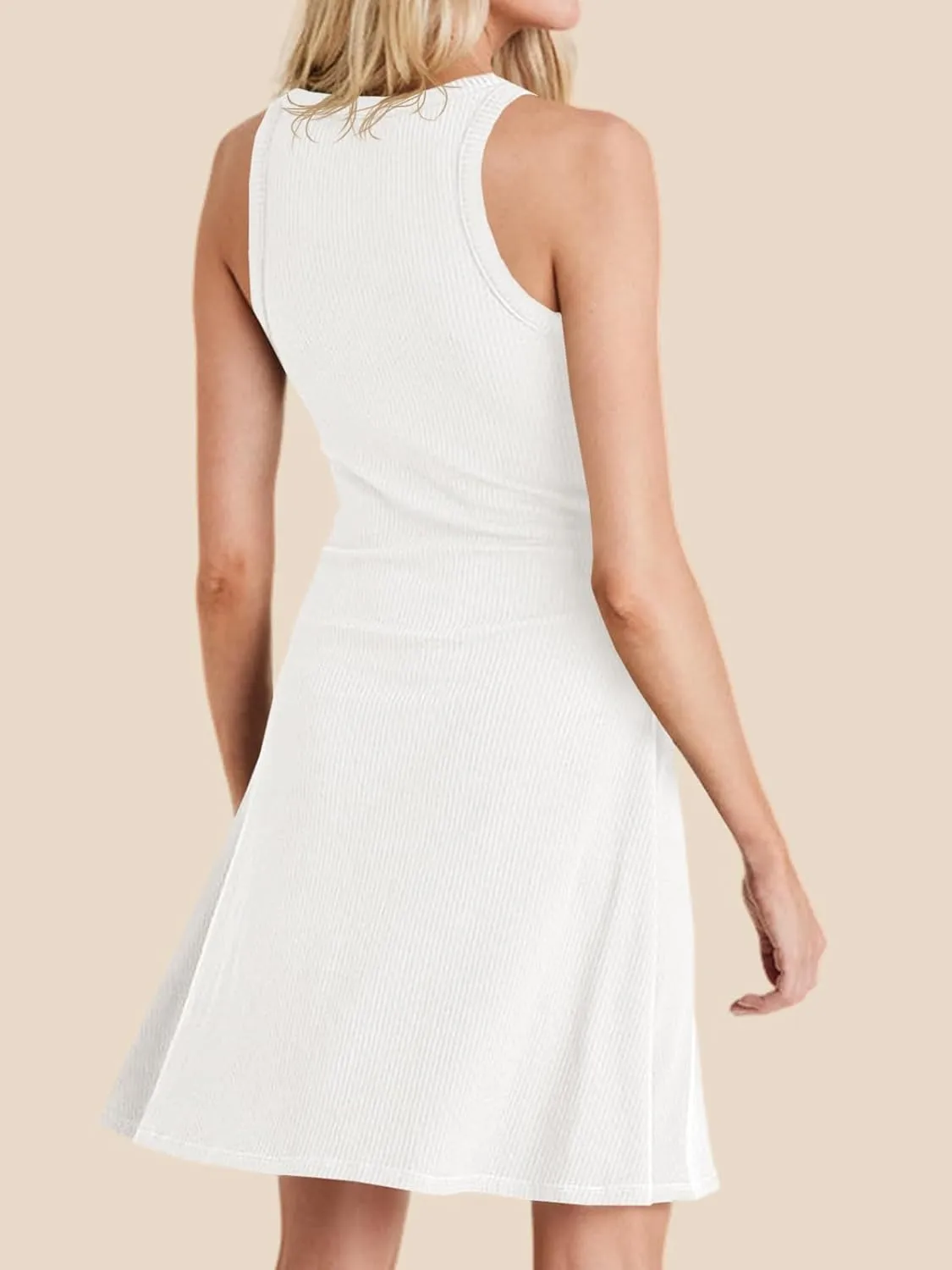 Wenrine Womens Summer Casual Tank Dress Ribbed Knit Sleeveless Crewneck A Line Mini Dresses