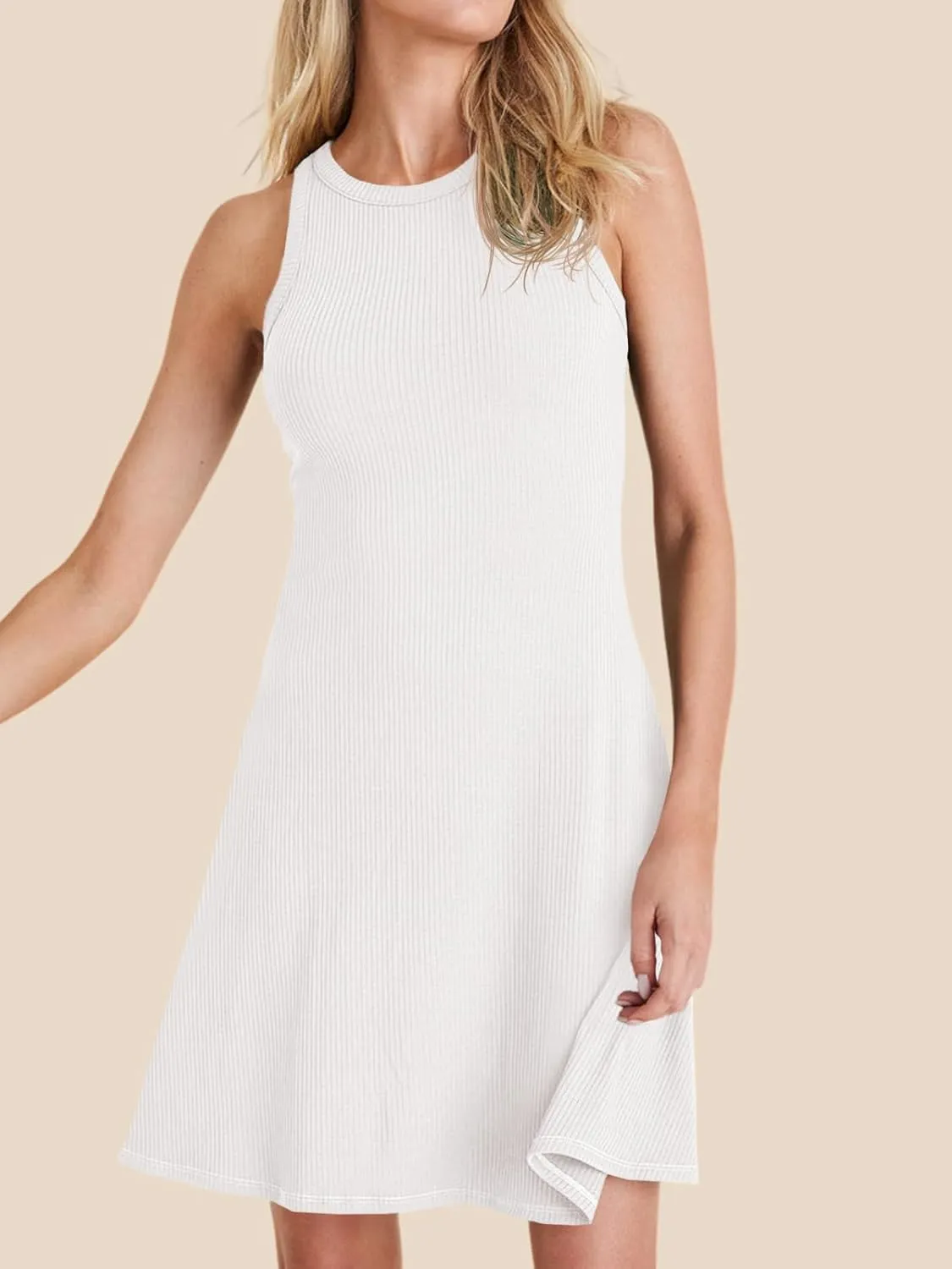 Wenrine Womens Summer Casual Tank Dress Ribbed Knit Sleeveless Crewneck A Line Mini Dresses