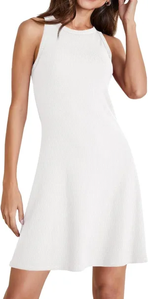 Wenrine Womens Summer Casual Tank Dress Ribbed Knit Sleeveless Crewneck A Line Mini Dresses