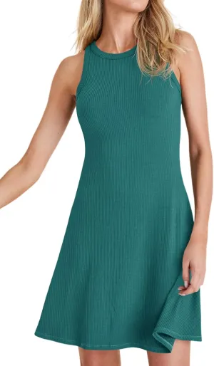 Wenrine Womens Summer Casual Tank Dress Ribbed Knit Sleeveless Crewneck A Line Mini Dresses