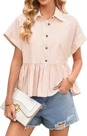 Women Striped Button Down Shirts Cute Babydoll Short Sleeve Ruffle Hem Top Trendy Summer Peplum Blouse