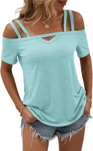 Womens Cold Shoulder Tops for Women Summer Sexy Cut Out Tops Short Sleeve Criss Cross Casual Shirts