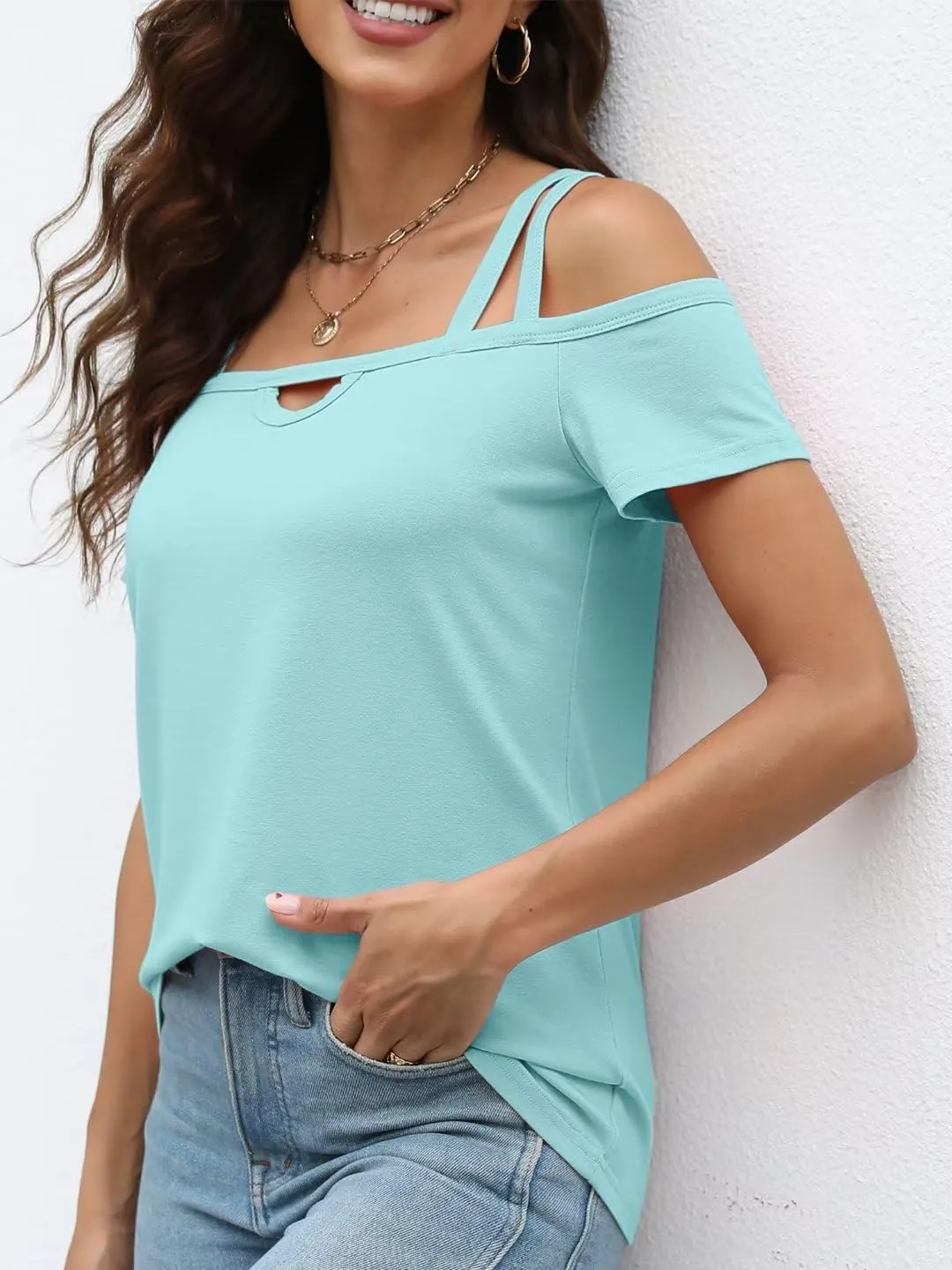 Womens Cold Shoulder Tops for Women Summer Sexy Cut Out Tops Short Sleeve Criss Cross Casual Shirts