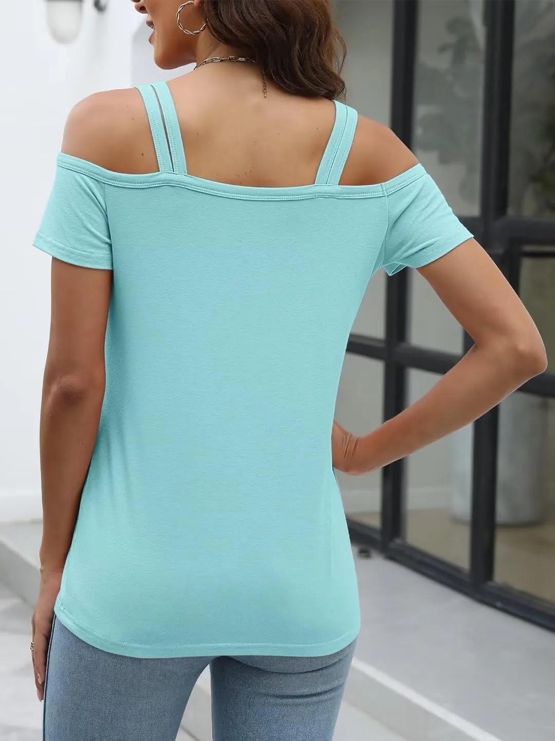Womens Cold Shoulder Tops for Women Summer Sexy Cut Out Tops Short Sleeve Criss Cross Casual Shirts