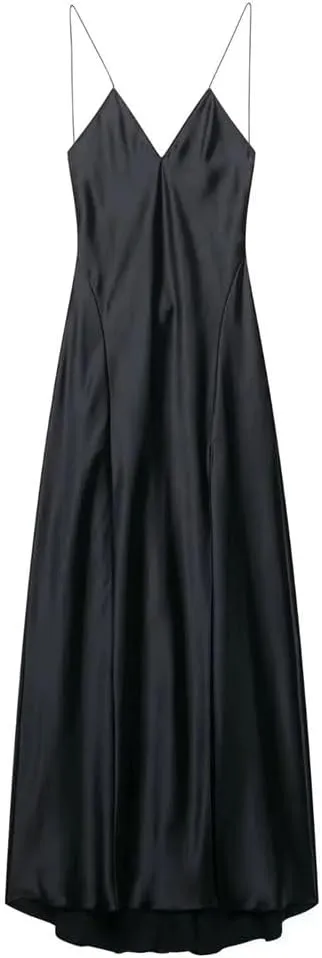 Women's Lingerie-Inspired Deep V-Back Dress Liquid Satin Midi Slip with Adjustable Spaghetti Straps Boho-Chic Lace Trim