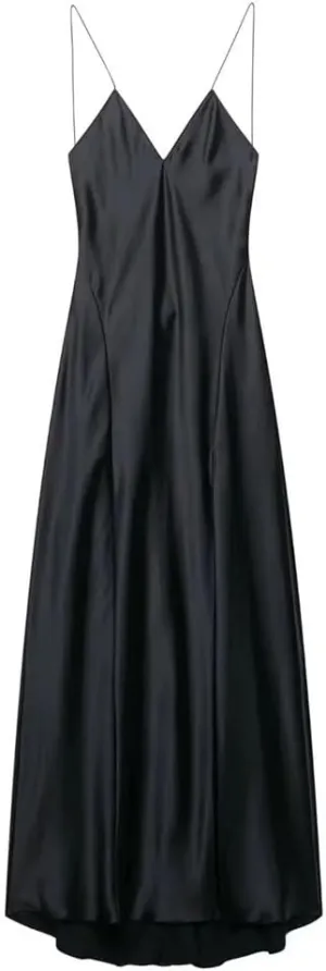 Women's Lingerie-Inspired Deep V-Back Dress Liquid Satin Midi Slip with Adjustable Spaghetti Straps Boho-Chic Lace Trim