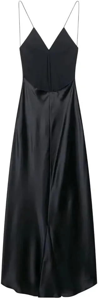Women's Lingerie-Inspired Deep V-Back Dress Liquid Satin Midi Slip with Adjustable Spaghetti Straps Boho-Chic Lace Trim