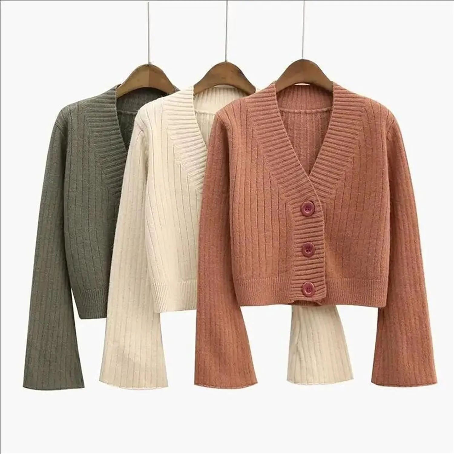 Women's Long Sleeve V-Neck Cardigan Sweater Casual Ribbed Knit Flare Sleeve Outwear