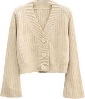 Women's Long Sleeve V-Neck Cardigan Sweater Casual Ribbed Knit Flare Sleeve Outwear