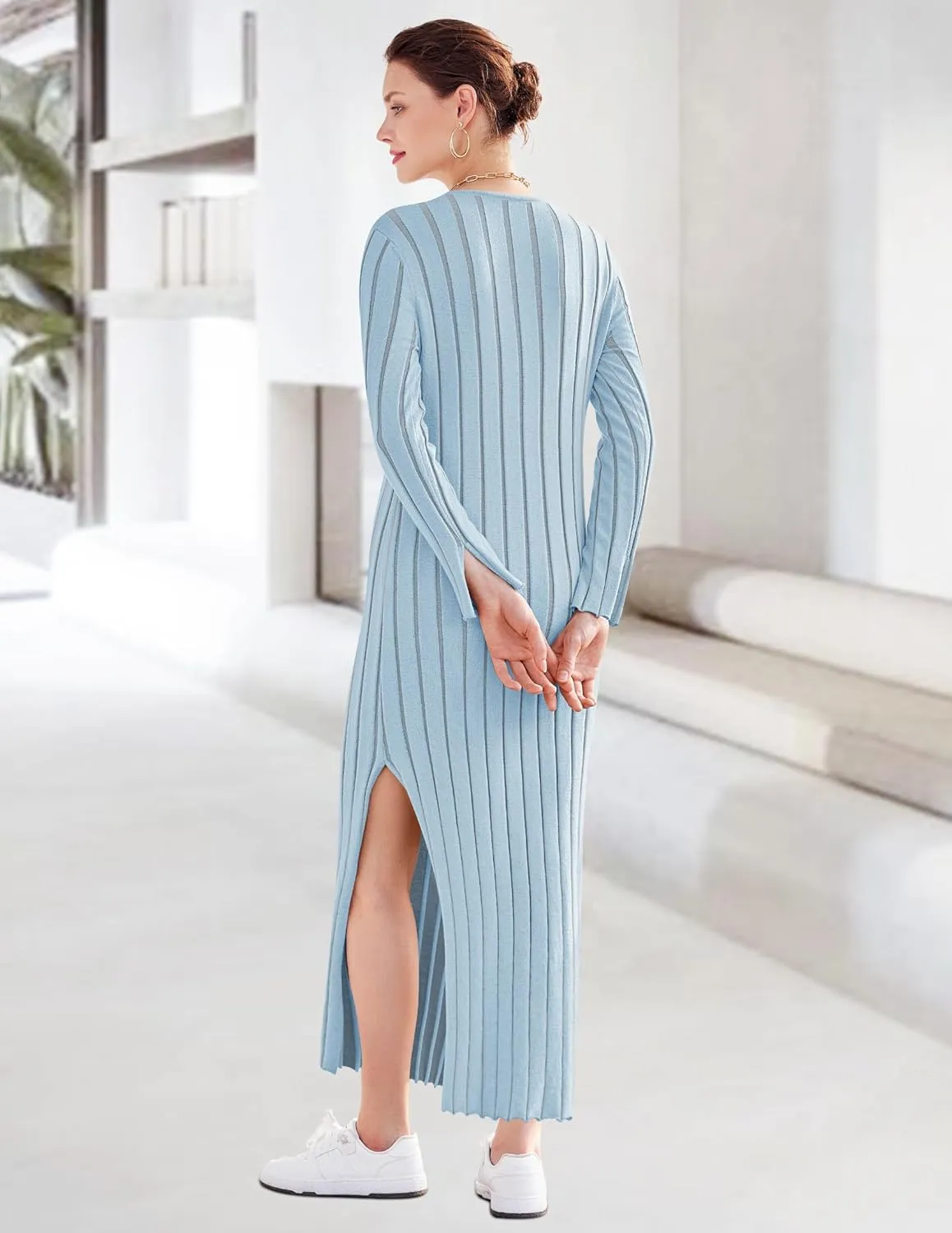 Yousify Womens 2025 Trendy Spring Long Sleeve Sweater Dresses Casual Round Neck Split Hem Striped Midi Dress