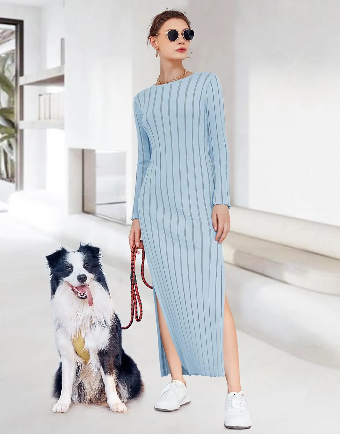 Yousify Womens 2025 Trendy Spring Long Sleeve Sweater Dresses Casual Round Neck Split Hem Striped Midi Dress