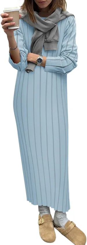 Yousify Womens 2025 Trendy Spring Long Sleeve Sweater Dresses Casual Round Neck Split Hem Striped Midi Dress