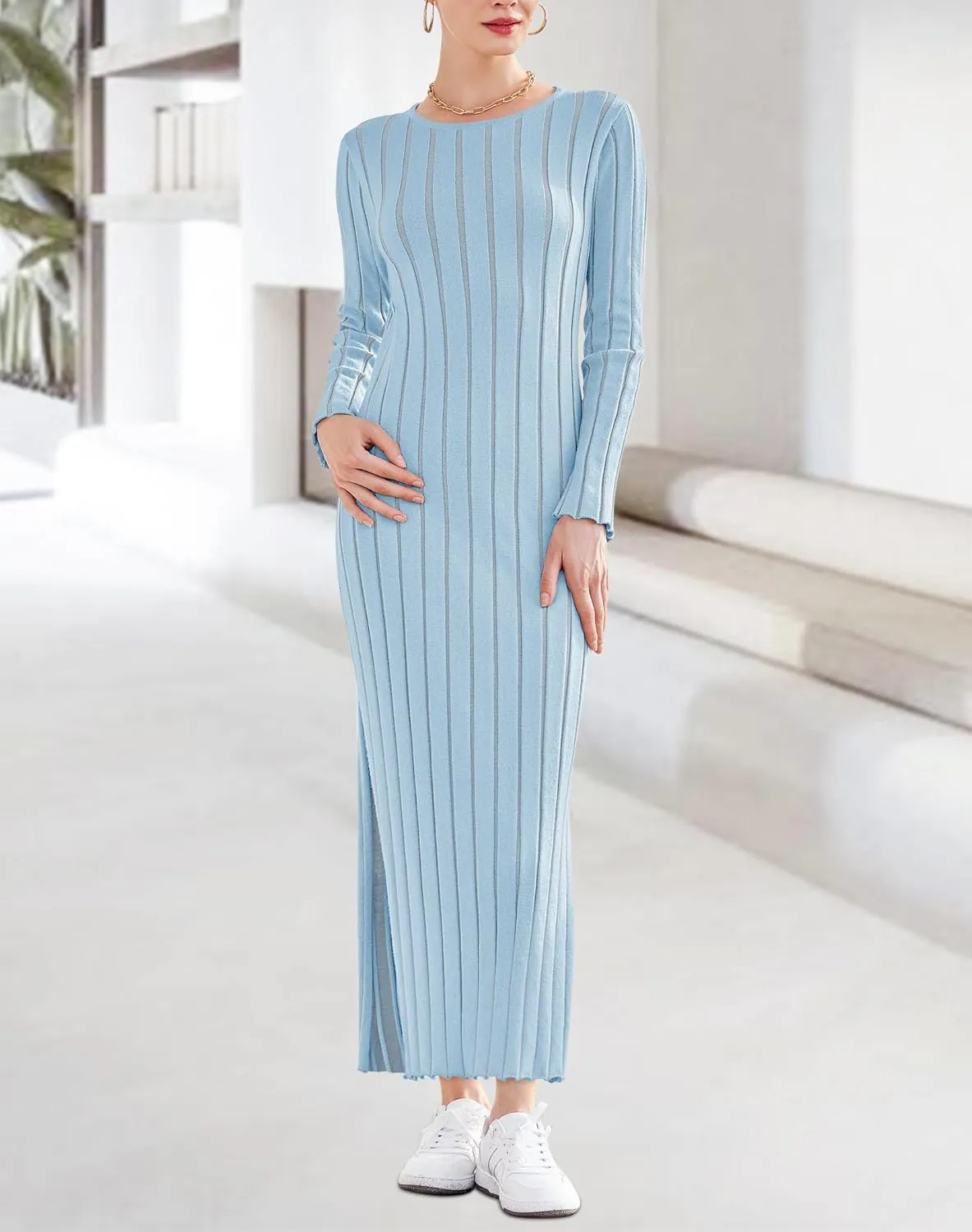 Yousify Womens 2025 Trendy Spring Long Sleeve Sweater Dresses Casual Round Neck Split Hem Striped Midi Dress